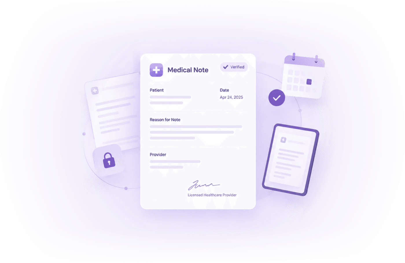 A digital medical note with a calendar, a lock, and a phone